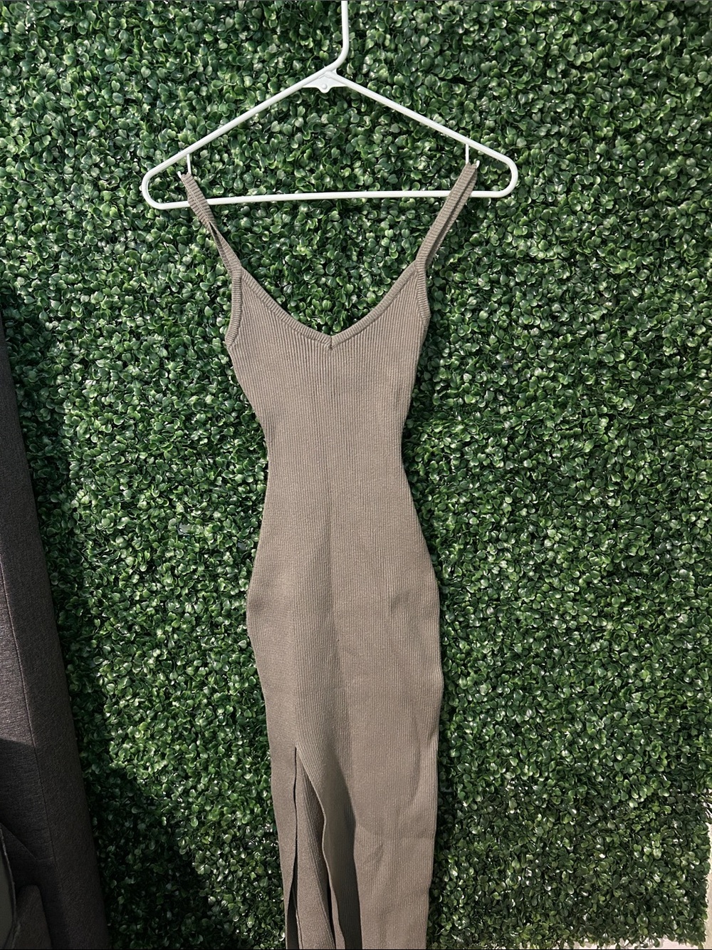 Sleek Olive Knit Slip Dress with Side Slit